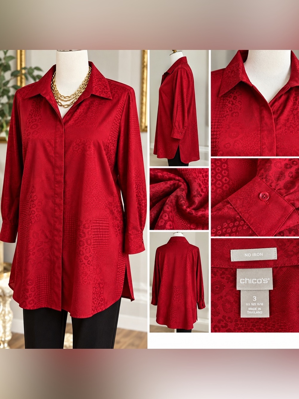 Chico’s No Iron Garnet Tonal Animal Print Jacquard Tunic Blouse Size 3